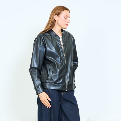 Faux leather ribbed bomber jacket with zip closure wholesale