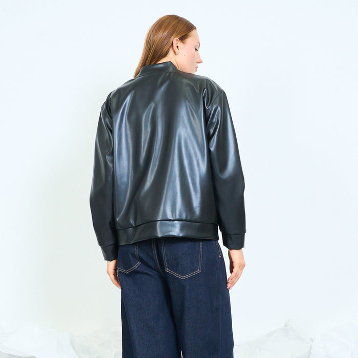 Faux leather ribbed bomber jacket with zip closure wholesale