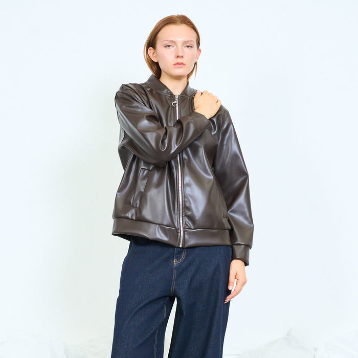 Faux leather ribbed bomber jacket with zip closure wholesale