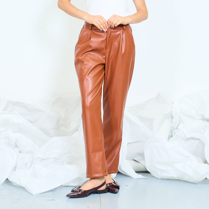 Faux leather straight-leg trousers with pleated front wholesale