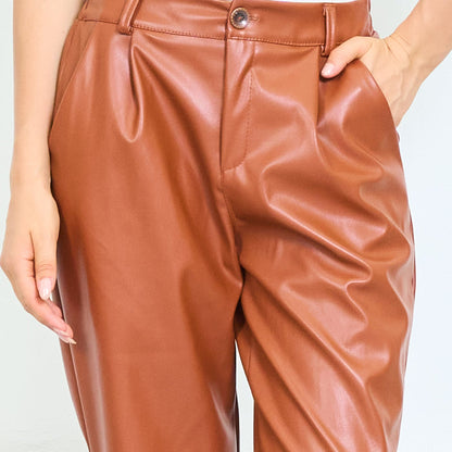 Faux leather straight-leg trousers with pleated front wholesale