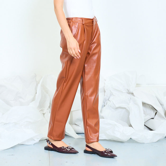 Faux leather straight-leg trousers with pleated front wholesale