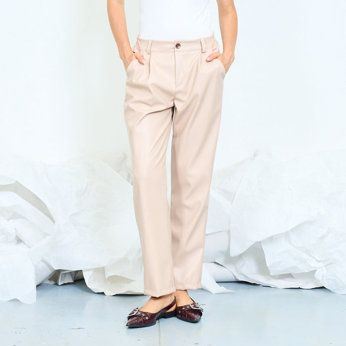 Faux leather straight-leg trousers with pleated front wholesale