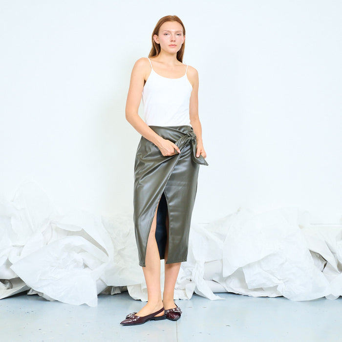 Faux leather wrap midi skirt with side tie wholesale