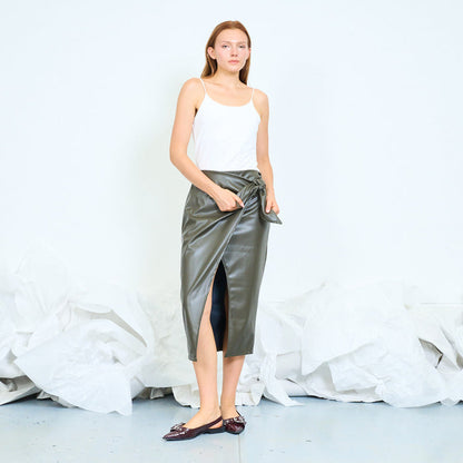 Faux leather wrap midi skirt with side tie wholesale