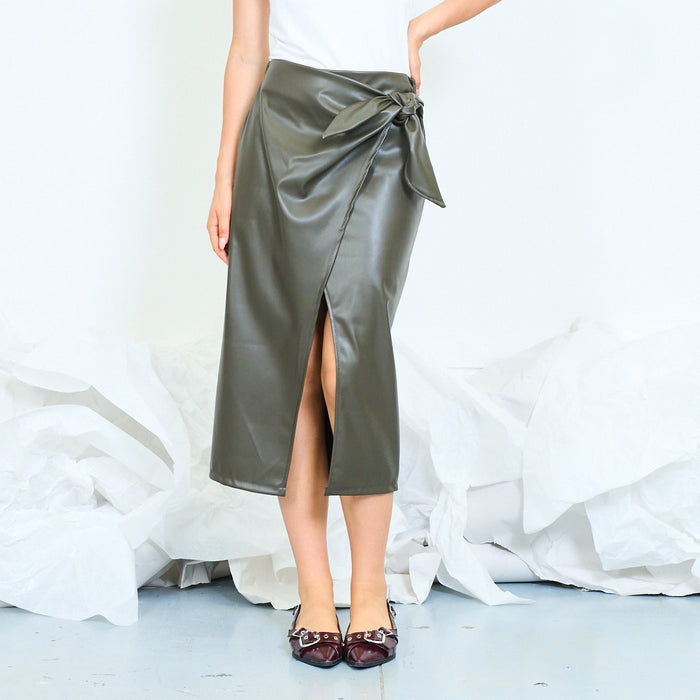 Faux leather wrap midi skirt with side tie wholesale