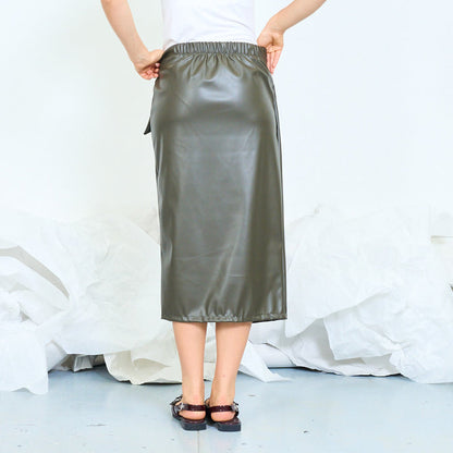 Faux leather wrap midi skirt with side tie wholesale