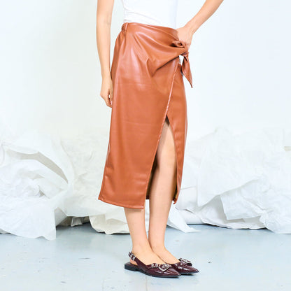 Faux leather wrap midi skirt with side tie wholesale