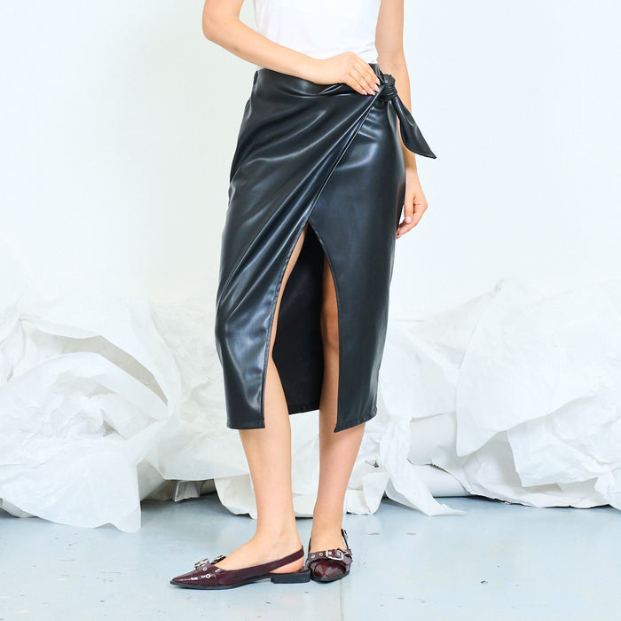 Faux leather wrap midi skirt with side tie wholesale