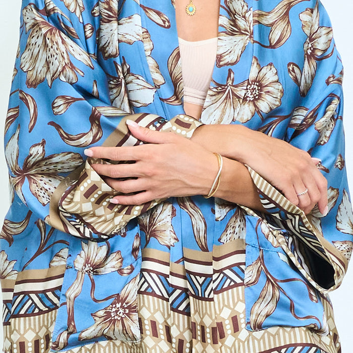 Floral border-print open kimono with patch pockets wholesale