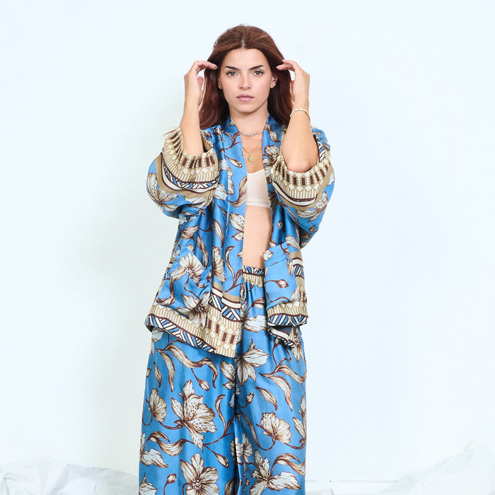 Floral border-print open kimono with patch pockets wholesale