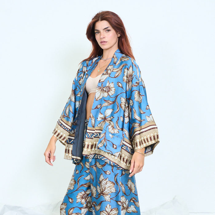 Floral border-print open kimono with patch pockets wholesale