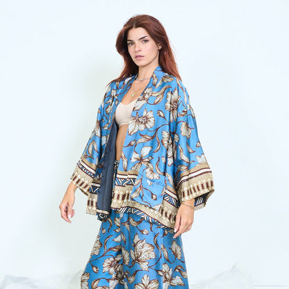 Floral border-print open kimono with patch pockets wholesale