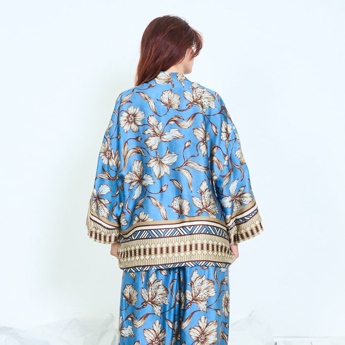 Floral border-print open kimono with patch pockets wholesale