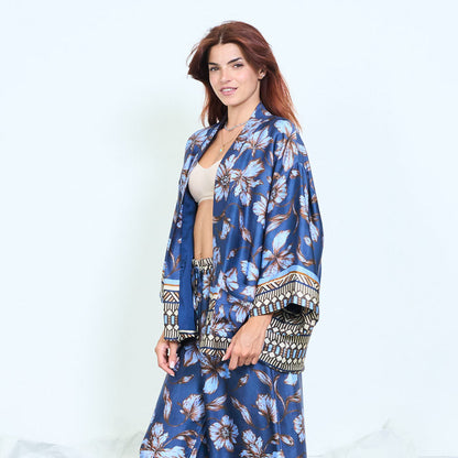 Floral border-print open kimono with patch pockets wholesale