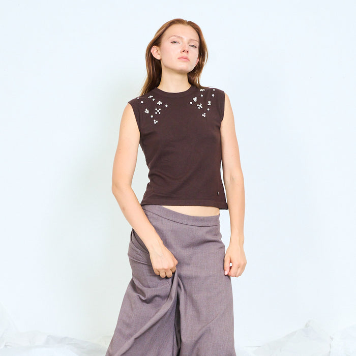 Floral crystal embellished sleeveless knit top wholesale
