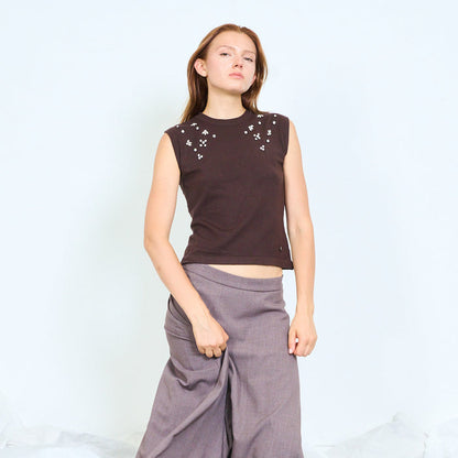 Floral crystal embellished sleeveless knit top wholesale