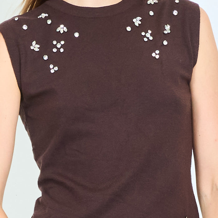 Floral crystal embellished sleeveless knit top wholesale