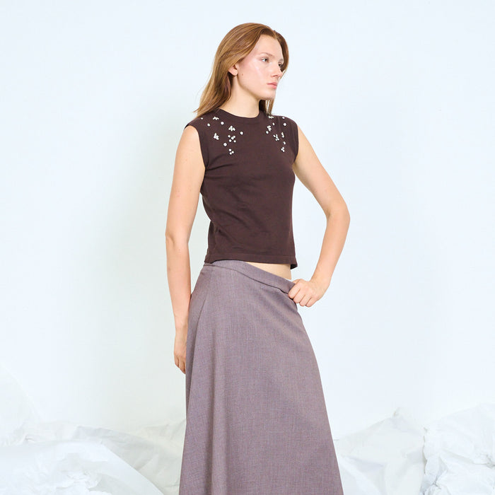 Floral crystal embellished sleeveless knit top wholesale
