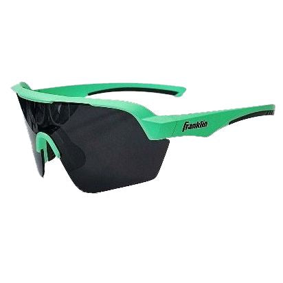 Franklin MLB Pro Sunglasses: 24012C feature wide, angular black UV-protective lenses, a thick green frame, and Franklin branding on the side. Modern design is ideal for outdoor activities.