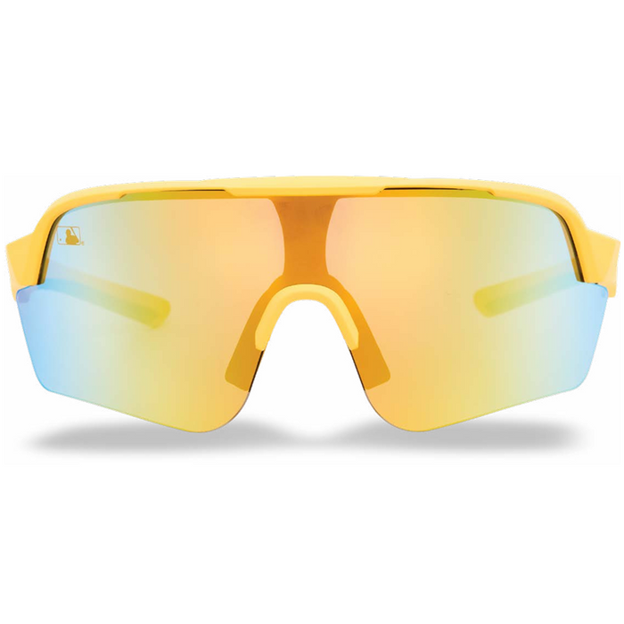 Front view of Franklin MLB Pro Sunglasses: 24012C by Franklin in Vanilla Gold, featuring large reflective orange and blue gradient wraparound lenses with UV protection, displayed on a white background.