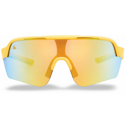 Front view of Franklin MLB Pro Sunglasses: 24012C by Franklin in Vanilla Gold, featuring large reflective orange and blue gradient wraparound lenses with UV protection, displayed on a white background.