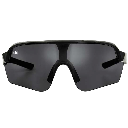 Front view of Franklin MLB Pro Sunglasses: 24012C in Midnight, featuring a single wide, dark lens with UV protection and thick arms. A small white Franklin logo appears on the top left corner of the lens.