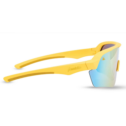 Franklin MLB Pro Sunglasses: 24012C by Franklin—yellow sports sunglasses with blue mirrored semi-rimless lenses and thick yellow arms, offering UV protection. Ideal for softball or baseball. Shown on a white background.