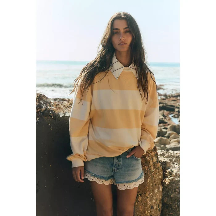 Free People Classic Striped Oversized Crewneck in Apricot Combo