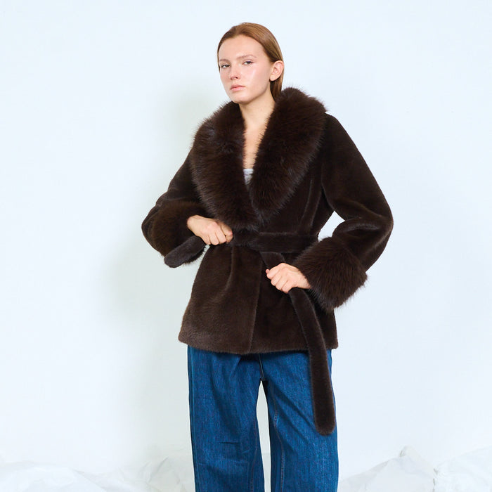 Fur-panel belted wrap coat with cuff details wholesale
