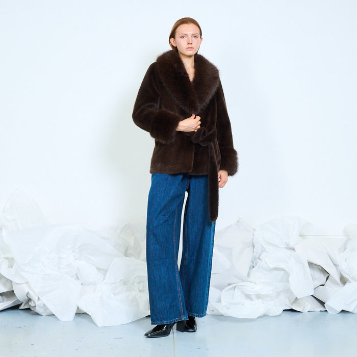 Fur-panel belted wrap coat with cuff details wholesale