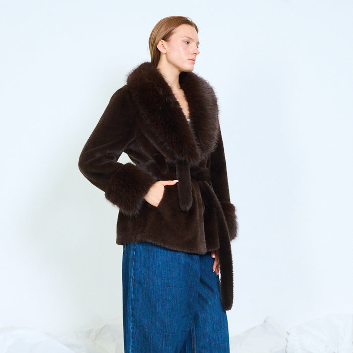 Fur-panel belted wrap coat with cuff details wholesale