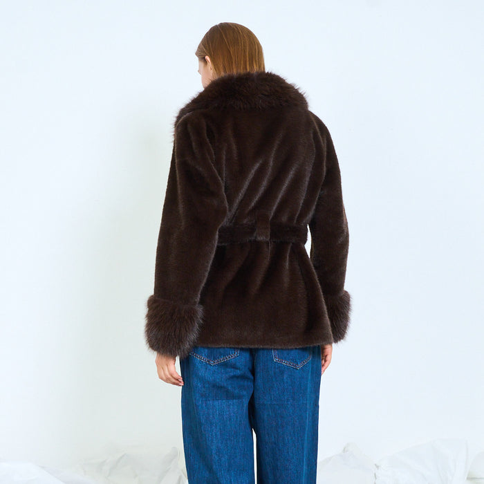 Fur-panel belted wrap coat with cuff details wholesale