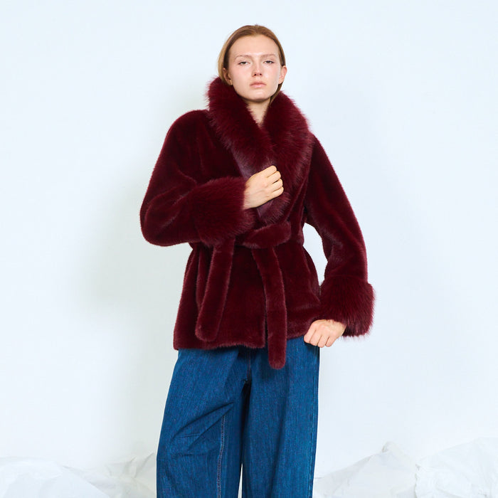 Fur-panel belted wrap coat with cuff details wholesale