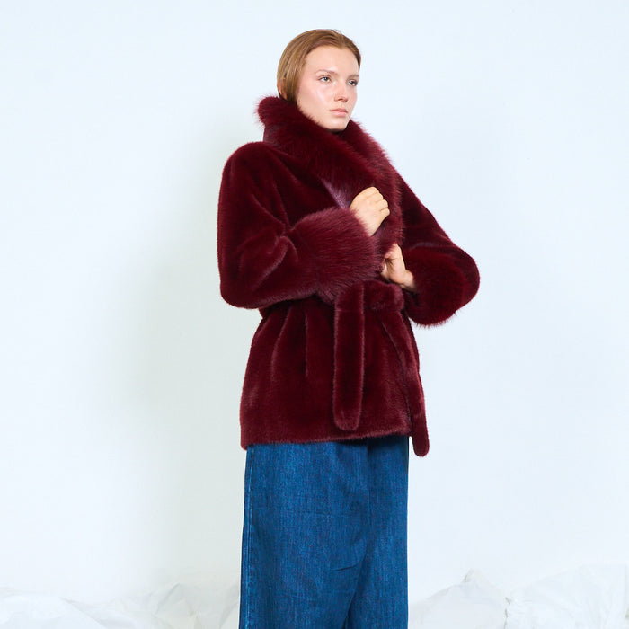 Fur-panel belted wrap coat with cuff details wholesale