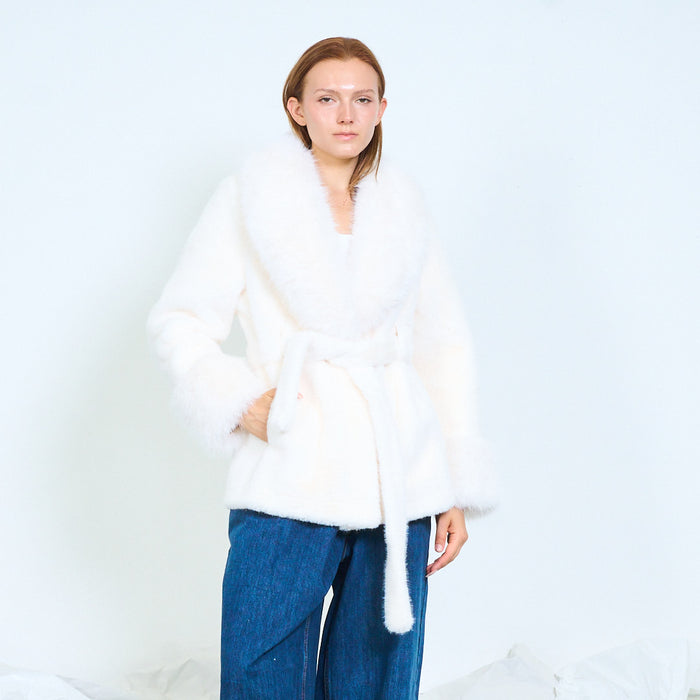 Fur-panel belted wrap coat with cuff details wholesale