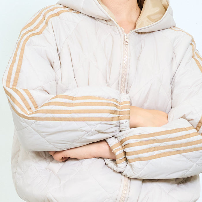 Geometric quilted hooded jacket with striped sleeves wholesale