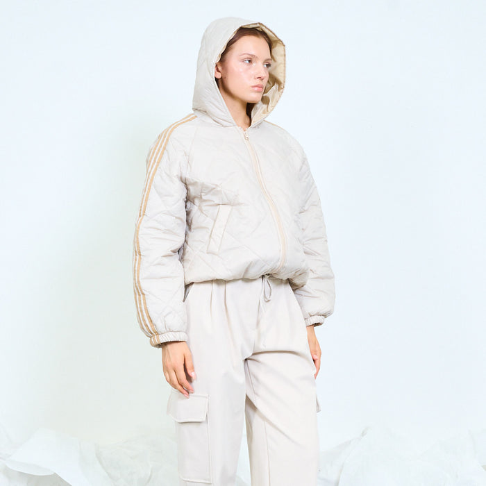 Geometric quilted hooded jacket with striped sleeves wholesale
