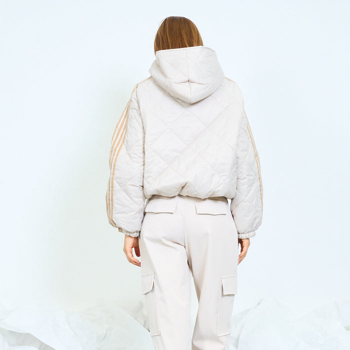Geometric quilted hooded jacket with striped sleeves wholesale