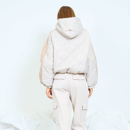 Geometric quilted hooded jacket with striped sleeves wholesale