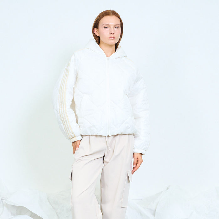 Geometric quilted hooded jacket with striped sleeves wholesale