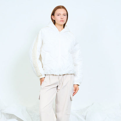 Geometric quilted hooded jacket with striped sleeves wholesale