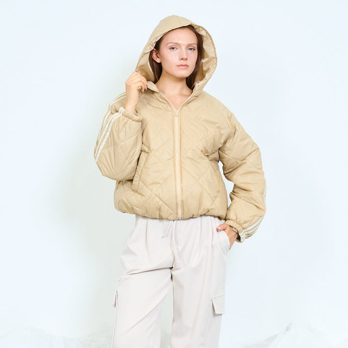 Geometric quilted hooded jacket with striped sleeves wholesale