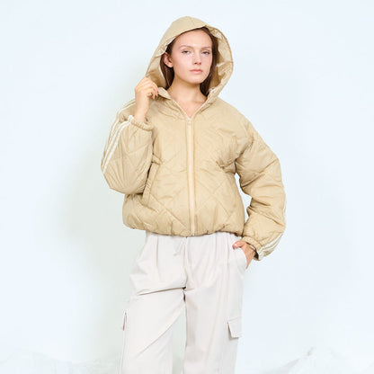 Geometric quilted hooded jacket with striped sleeves wholesale