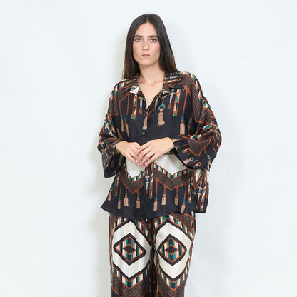 Geometric tassel and animal printed satin blouse wholesale