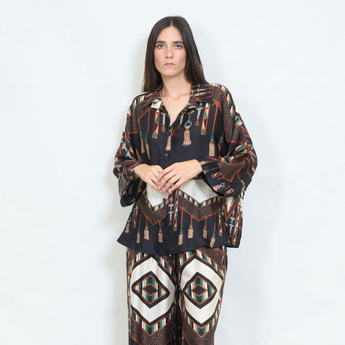 Geometric tassel and animal printed satin blouse wholesale
