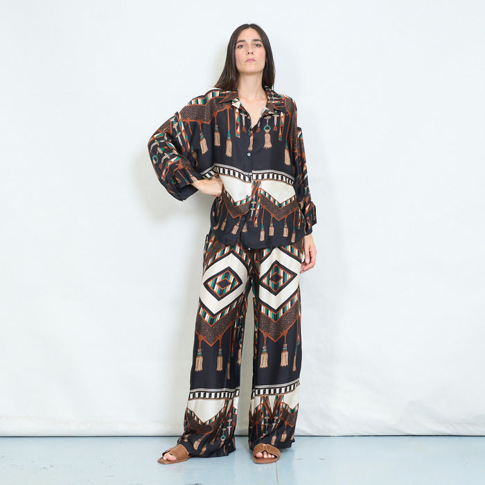 Geometric tassel and animal printed satin blouse wholesale