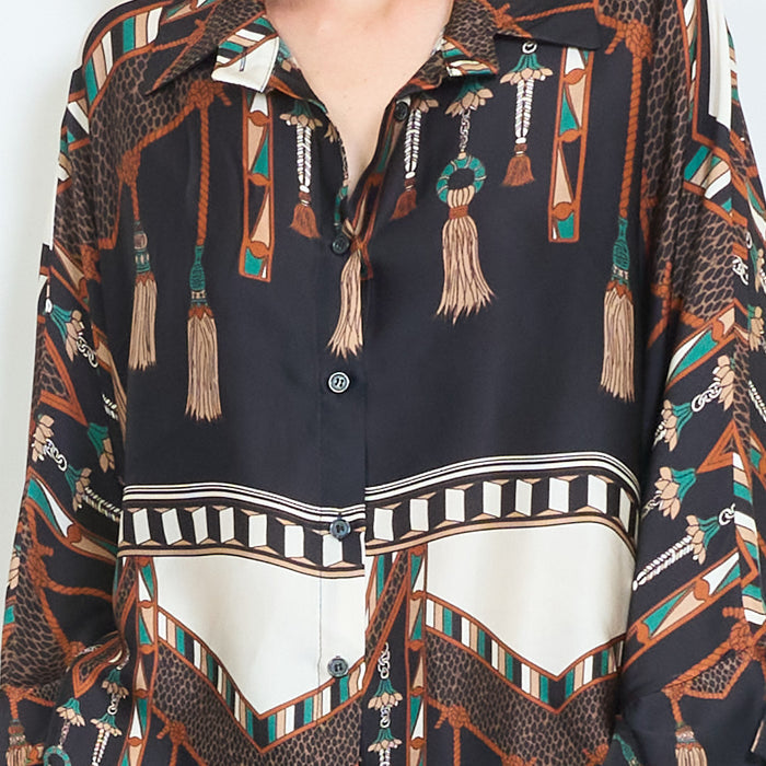 Geometric tassel and animal printed satin blouse wholesale