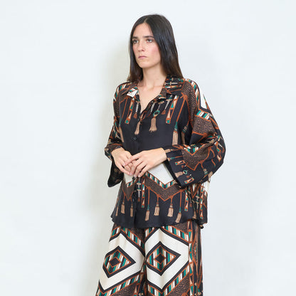 Geometric tassel and animal printed satin blouse wholesale