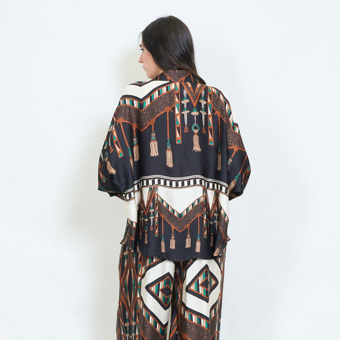 Geometric tassel and animal printed satin blouse wholesale